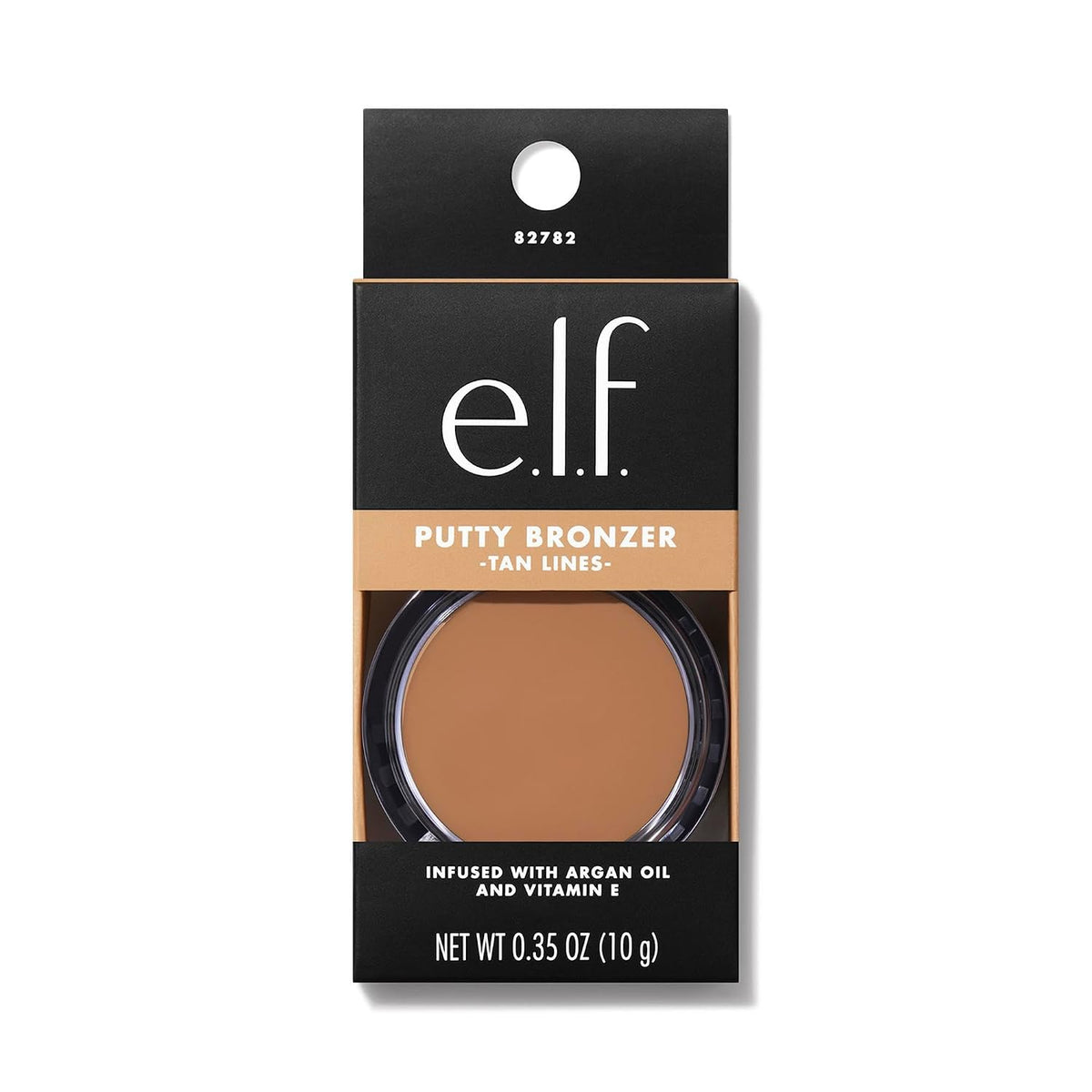 e.l.f. Putty Bronzer. Creamy & Highly Pigmented Formula. Creates a Long-Lasting Bronzed Glow. Infused with Argan Oil & Vitamin E. Tan Lines. 0.35 Oz