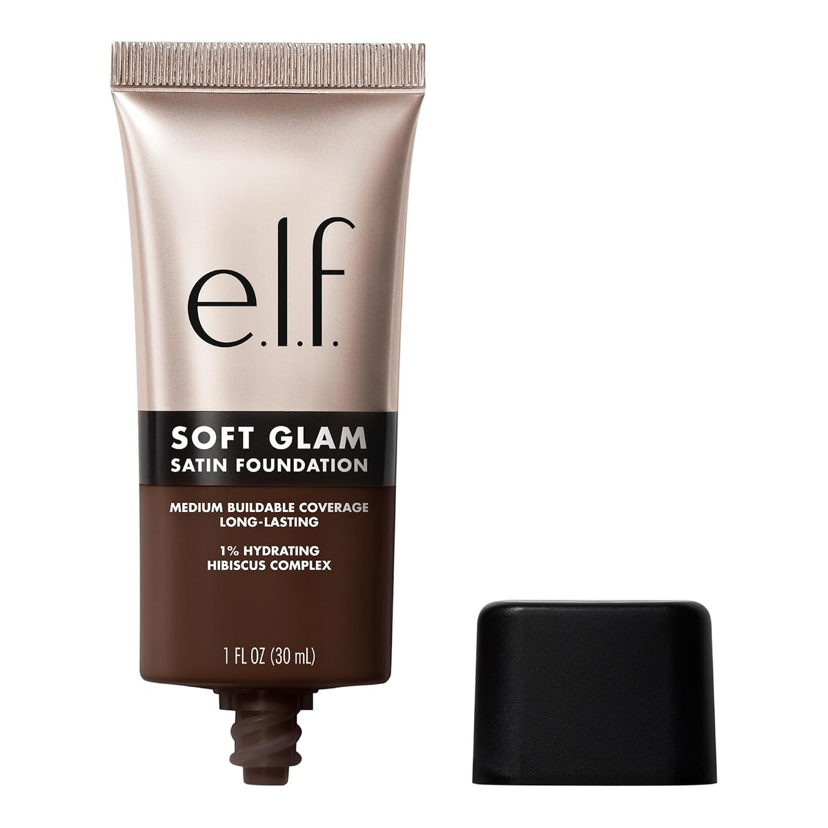 e.l.f. Soft Glam Satin Foundation. Medium Coverage. 44 Tan Cool | Satin Finish. Long-Lasting Wear. Hydrating Hyaluronic Acid & Hibiscus Complex. Blurs Pores. Lightweight. Vegan & Cruelty-Free