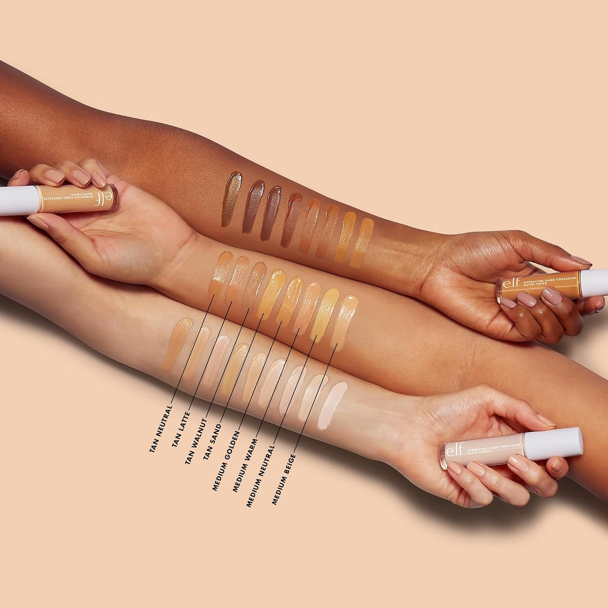 e.l.f. Hydrating Camo Concealer. Full Coverage. Medium Neutral | Satin Finish. Under-Eye & Blemish Coverage. Hydrating Formula. Long-Lasting Wear. Non-Creasing. Vegan & Cruelty-Free