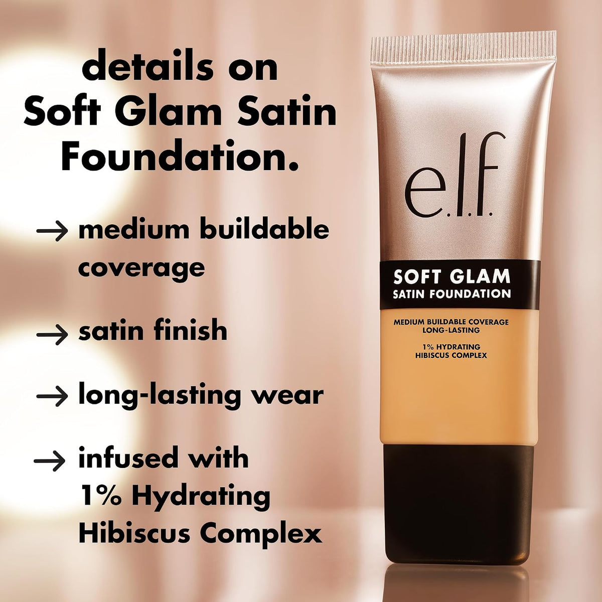 e.l.f. Soft Glam Satin Foundation. Medium Coverage. 52 Deep Cool | Satin Finish. Long-Lasting Wear. Hydrating Hyaluronic Acid & Hibiscus Complex. Blurs Pores. Lightweight. Vegan & Cruelty-Free