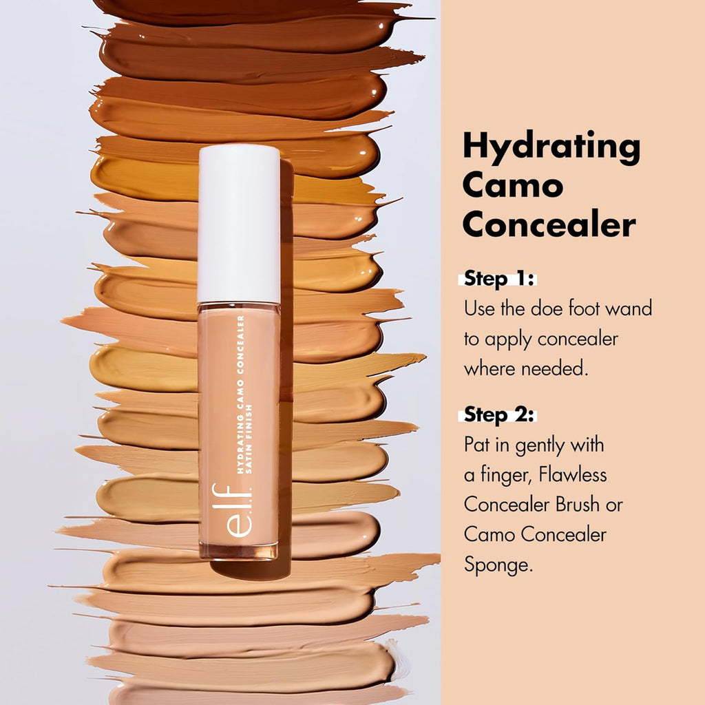 e.l.f. Hydrating Camo Concealer. Full Coverage. Light Ivory | Satin Finish. Under-Eye & Blemish Coverage. Hydrating Formula. Long-Lasting Wear. Non-Creasing. Vegan & Cruelty-Free