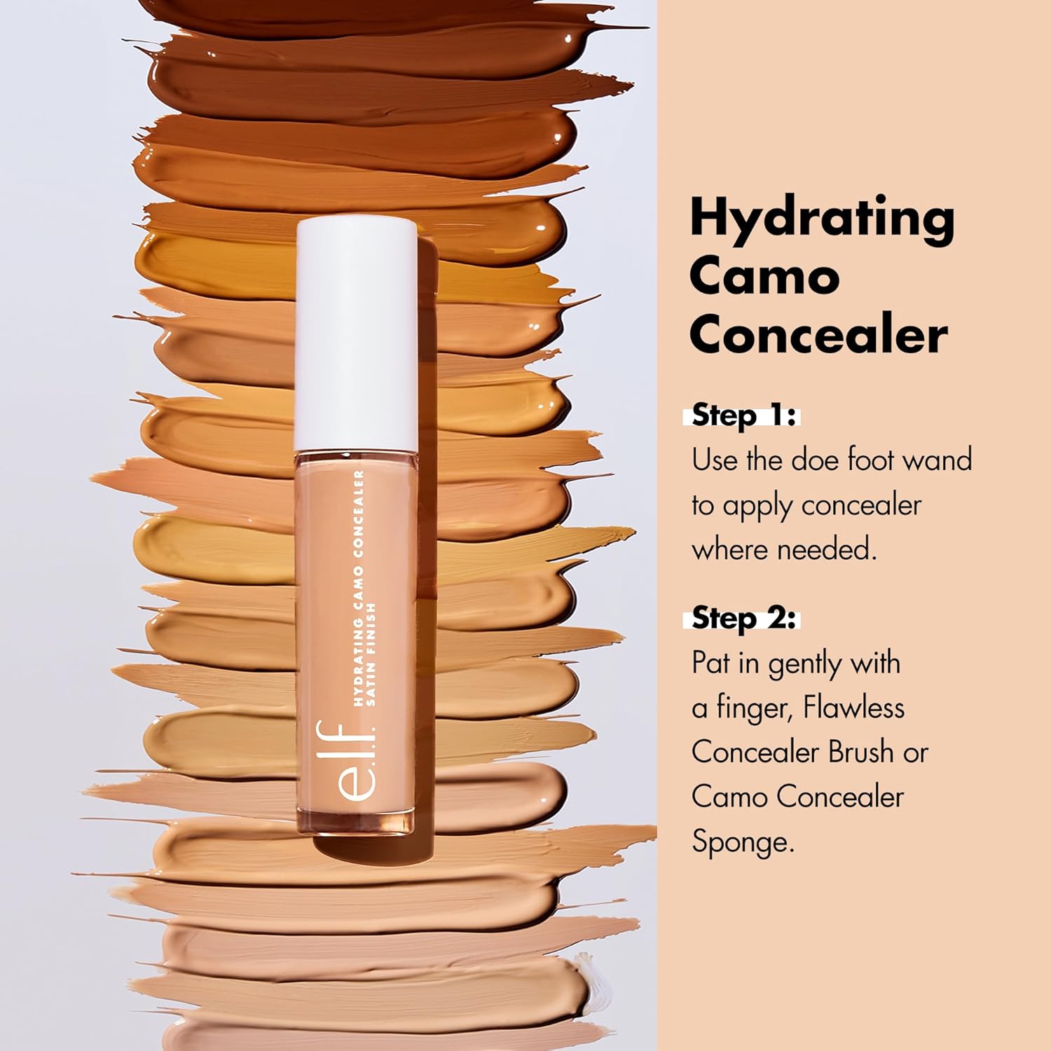 e.l.f. Hydrating Camo Concealer. Full Coverage. Light Ivory | Satin Finish. Under-Eye & Blemish Coverage. Hydrating Formula. Long-Lasting Wear. Non-Creasing. Vegan & Cruelty-Free