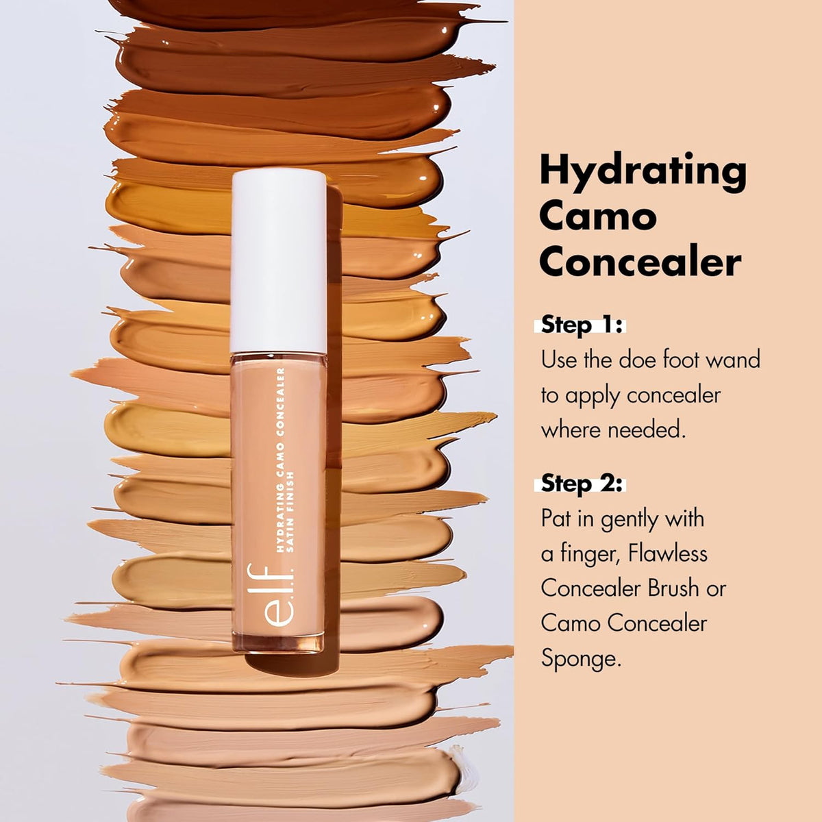 e.l.f. Hydrating Camo Concealer. Full Coverage. Tan Sand | Satin Finish. Under-Eye & Blemish Coverage. Hydrating Formula. Long-Lasting Wear. Non-Creasing. Vegan & Cruelty-Free