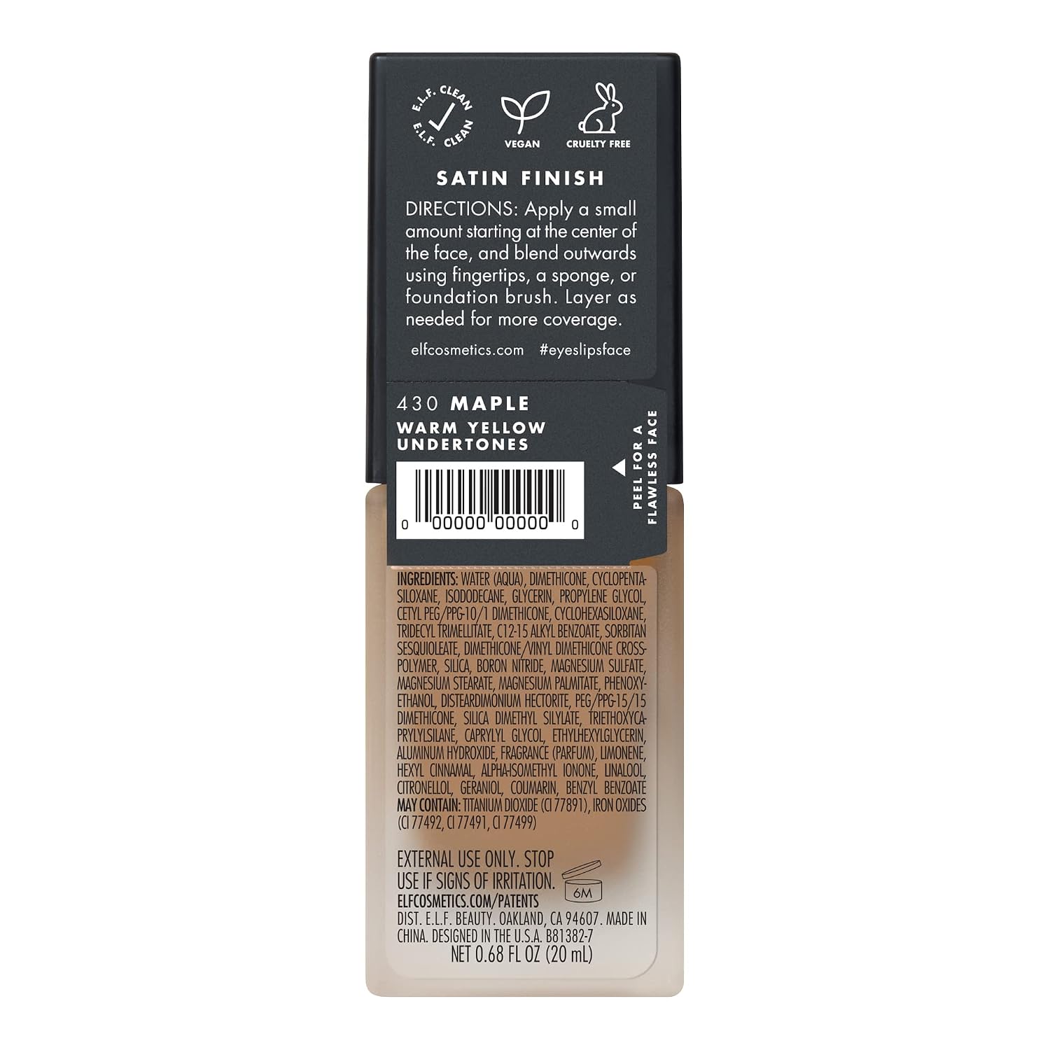 e.l.f. Flawless Satin Foundation. Lightweight & Medium Coverage. Semi-Matte Finish. Vegan & Cruelty-Free. Maple. 0.68 Fl Oz (20mL)