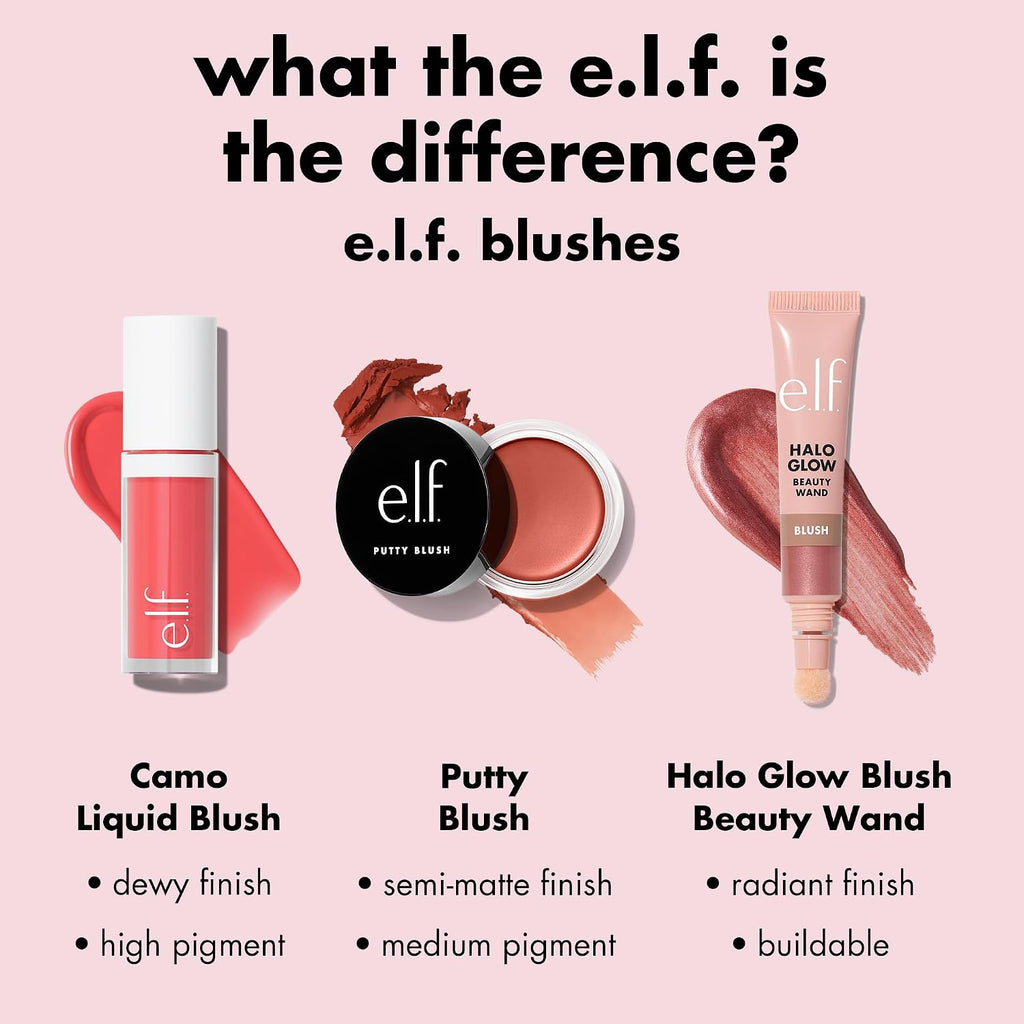 e.l.f. Camo Liquid Blush. Buildable & Blendable. Suave Mauve | Lightweight Liquid Formula. Long-Lasting Wear. High-Pigment Color. Smooth Application. Buildable. Vegan & Cruelty-Free