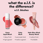 e.l.f. Camo Liquid Blush. Buildable & Blendable. Suave Mauve | Lightweight Liquid Formula. Long-Lasting Wear. High-Pigment Color. Smooth Application. Buildable. Vegan & Cruelty-Free