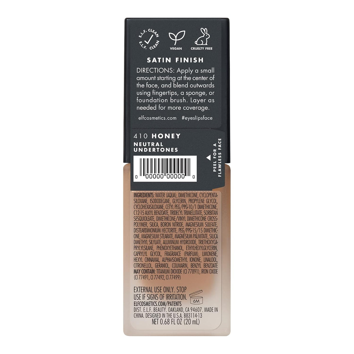 e.l.f. Flawless Satin Foundation. Lightweight & Medium Coverage. Semi-Matte Finish. Vegan & Cruelty-Free. Honey. 0.68 Fl Oz (20mL)