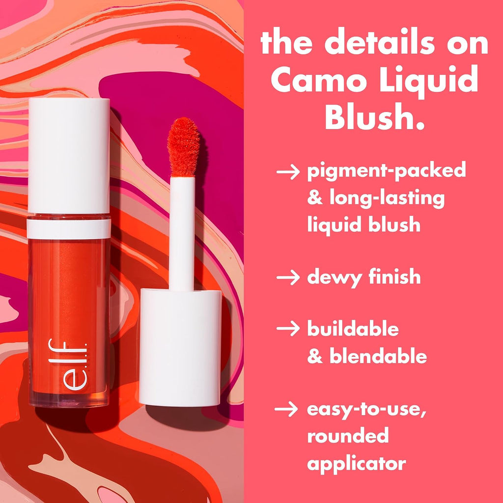 e.l.f. Camo Liquid Blush. Buildable & Blendable. Suave Mauve | Lightweight Liquid Formula. Long-Lasting Wear. High-Pigment Color. Smooth Application. Buildable. Vegan & Cruelty-Free