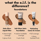 e.l.f. Soft Glam Satin Foundation. Medium Coverage. 30 Medium Warm | Satin Finish. Long-Lasting Wear. Hydrating Hyaluronic Acid & Hibiscus Complex. Blurs Pores. Lightweight. Vegan & Cruelty-Free