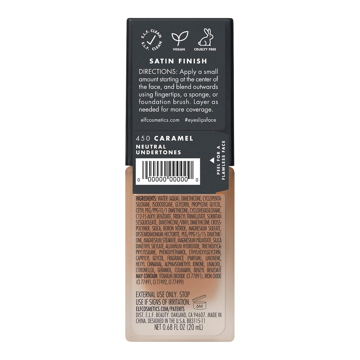 e.l.f. Flawless Satin Foundation. Lightweight & Medium Coverage. Semi-Matte Finish. Vegan & Cruelty-Free. Caramel. 0.68 Fl Oz (20mL)