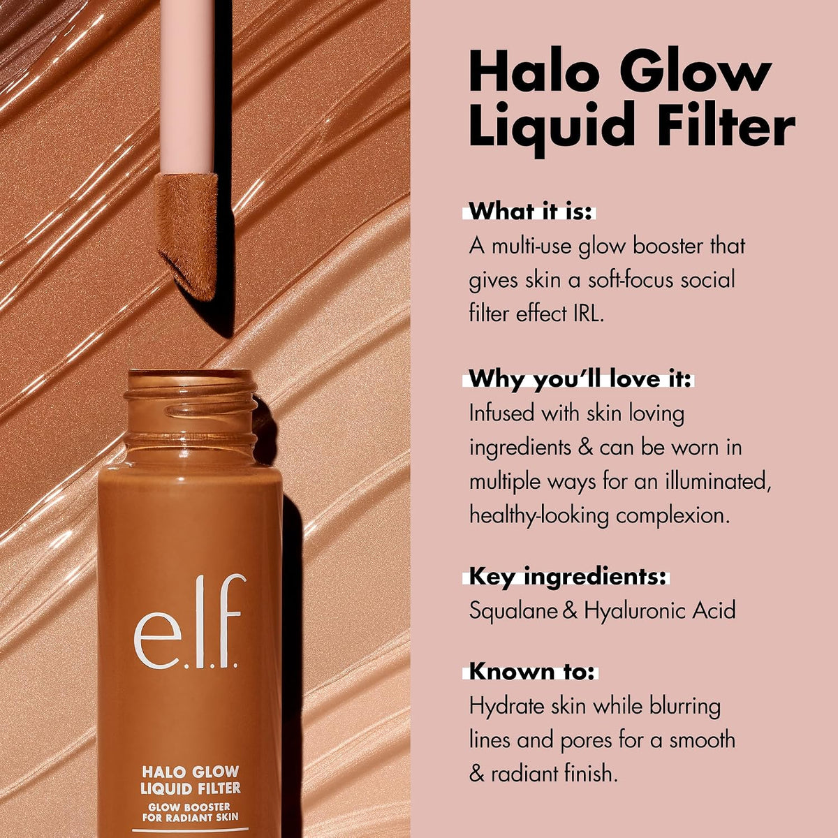 e.l.f. Halo Glow Liquid Filter. Hydrating Complexion Boost. 7 Deep/Rich | Soft Focus. Luminous Natural Glow for Face & Body. Infused with Hyaluronic Acid & Squalene. Vegan & Cruelty-Free