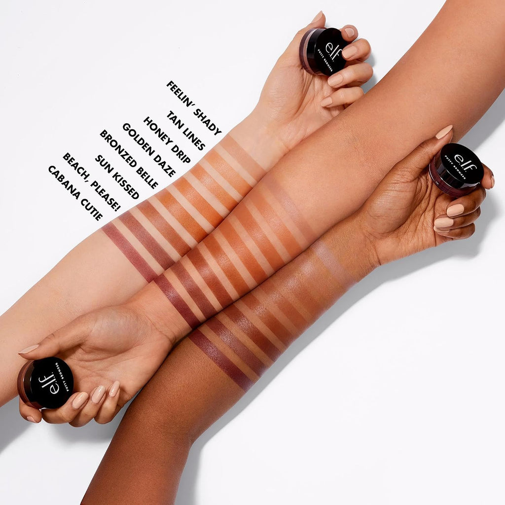 e.l.f. Putty Bronzer. Creamy & Highly Pigmented Formula. Creates a Long-Lasting Bronzed Glow. Infused with Argan Oil & Vitamin E. Tan Lines. 0.35 Oz