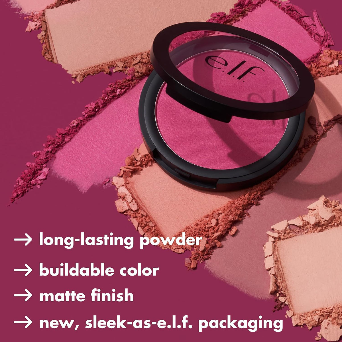 e.l.f Primer-Infused Blush. Long-Wear. Matte. Bold. Lightweight. Blends Easily. Contours Cheeks. Always Rosy. All-Day Wear. Vegan & Cruelty-Free
