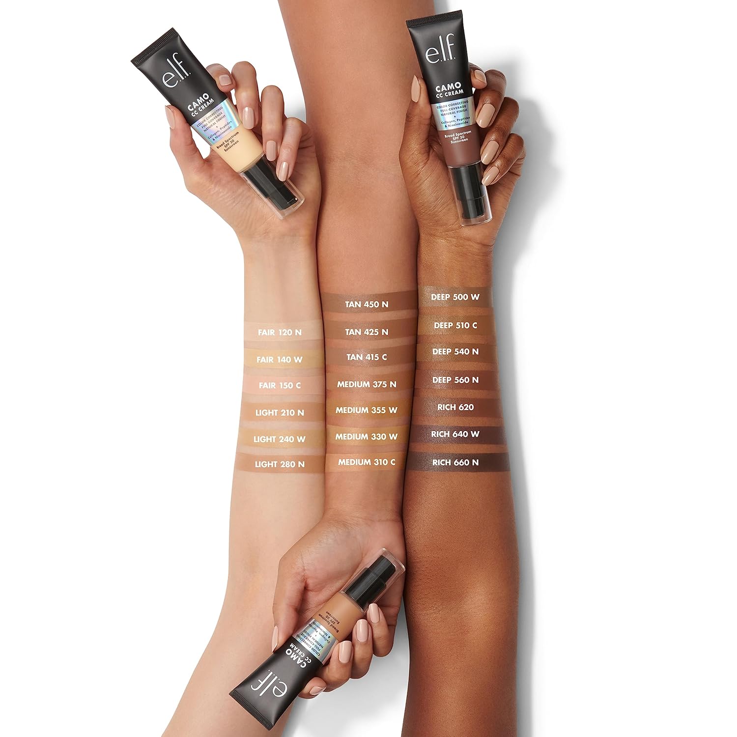 e.l.f. Camo CC Cream. SPF 30 Color-Correcting Medium-To-Full Coverage Face Foundation. Delivers An Airbrushed Finish. Vegan & Cruelty-Free. Medium 355 W